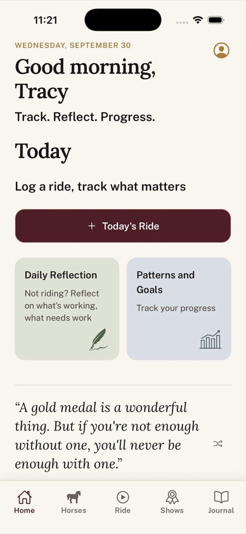 Ridebook home screen: Good morning, Tracy, with a Today’s Ride button, Daily Reflection and Patterns and Goals cards