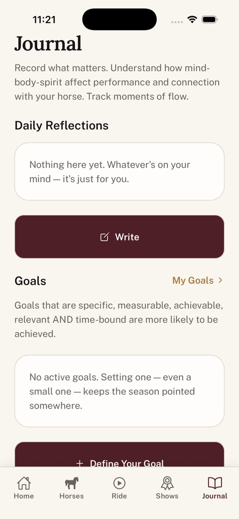 Ridebook Journal screen with Daily Reflections and Goals