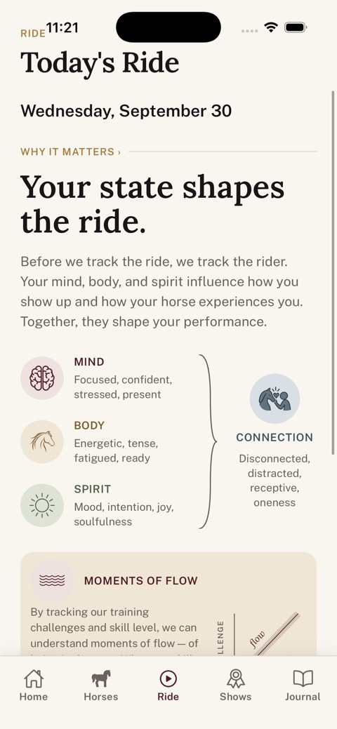Ridebook Today’s Ride screen: Your state shapes the ride, with mind, body, and spirit feeding connection
